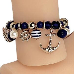Crystal Avenue Stretch Bracelet Nautical Charms and Blue and Gold Beads